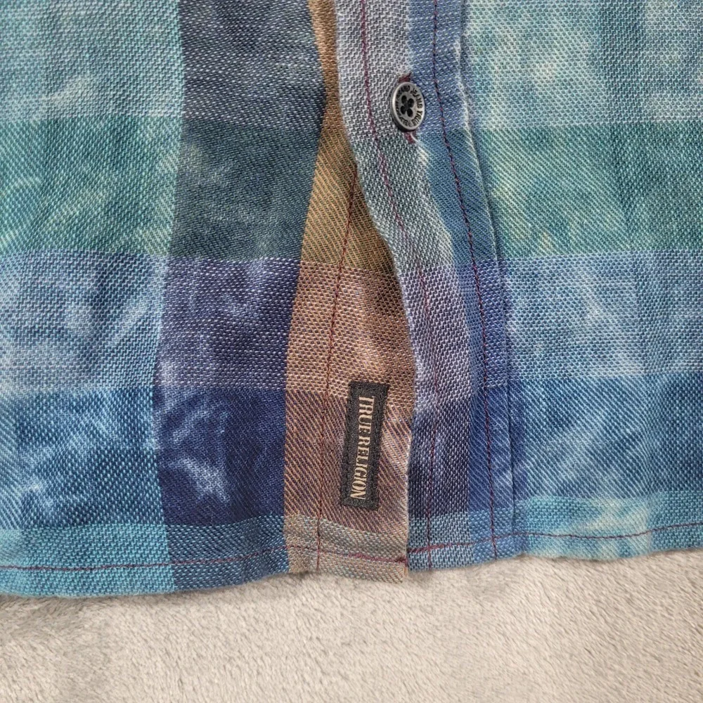 True Religion Western Shirt Mens Large Blue Plaid Slim Fit Bleashed MB011RN4